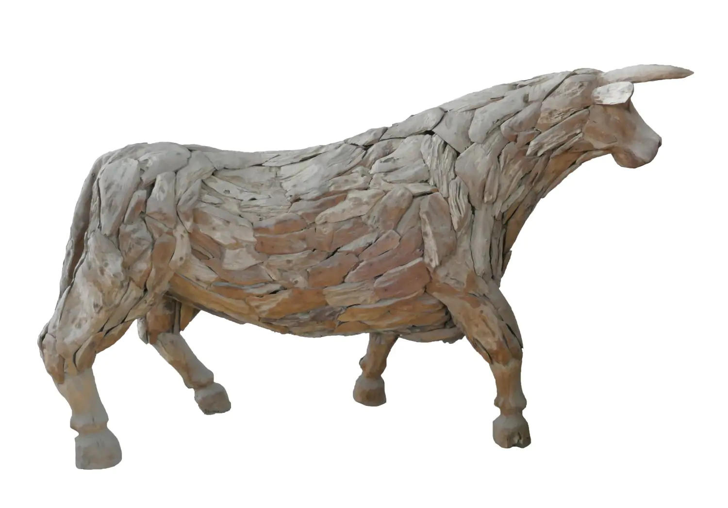  Product image 2 of the product “Standing Bull. Artistic made made from single teak wood pieces. The head is carved wood. The size is 247cm Length. ”